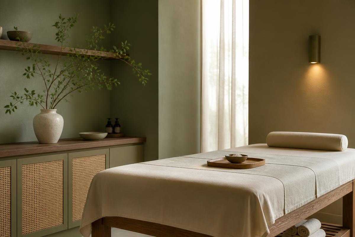 Peaceful home spa interior with warm wood and soft lighting